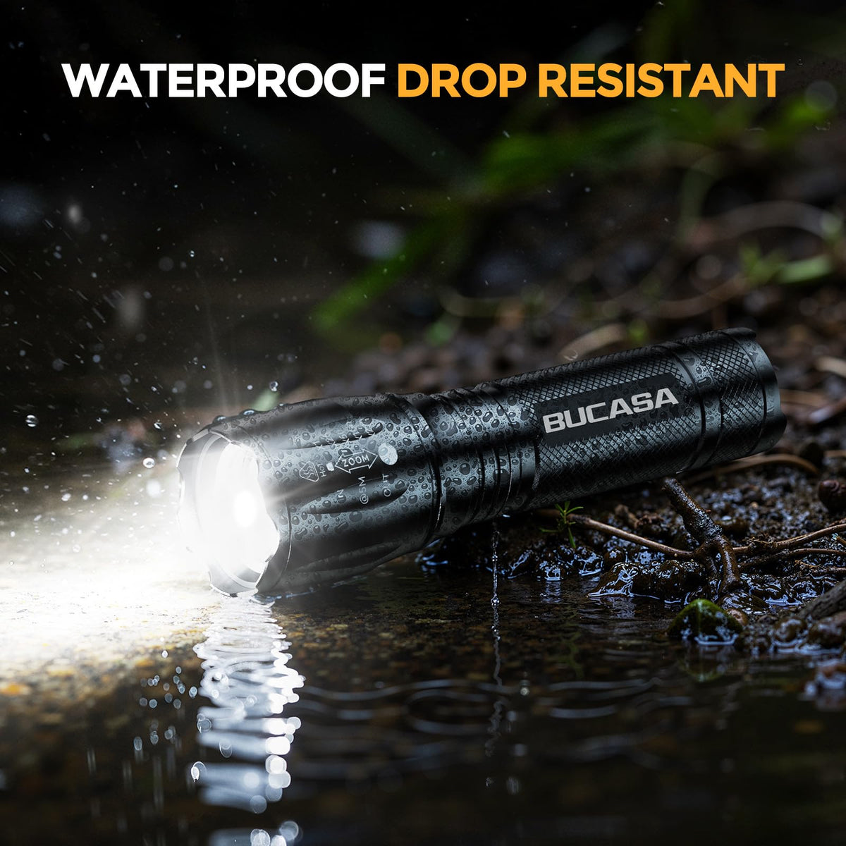 BUCASA waterproof durable flashlight built to withstand rain and rugged adventures.