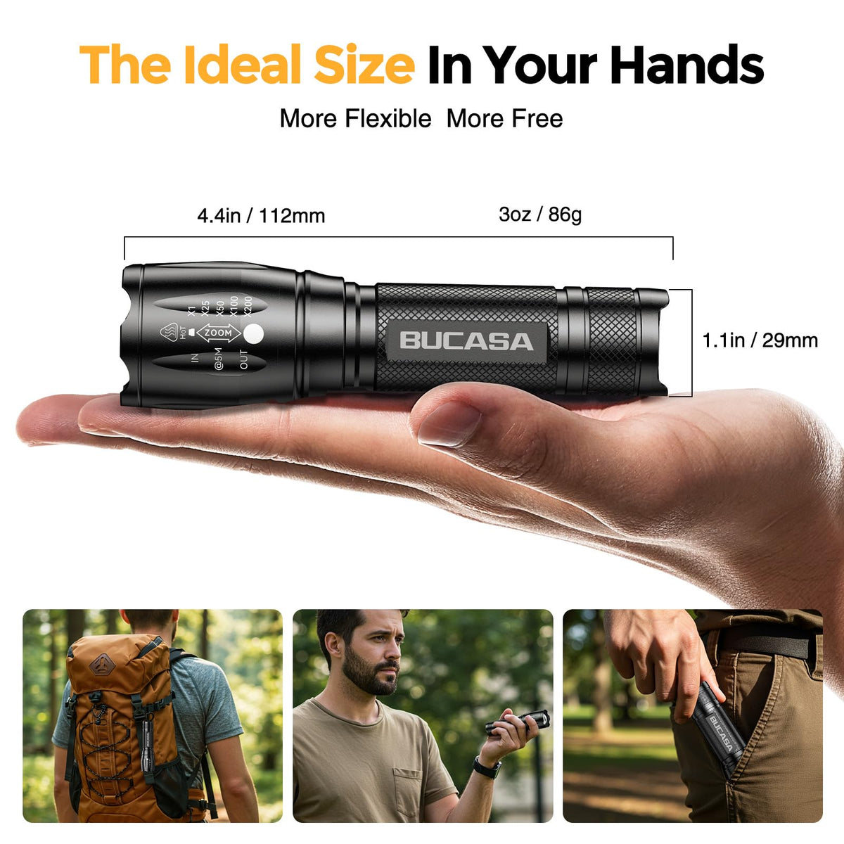 BUCASA waterproof emergency flashlight ideal for outdoor adventures.