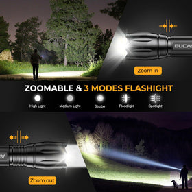 BUCASA zoomable beam flashlight adapts for close or distant tasks.