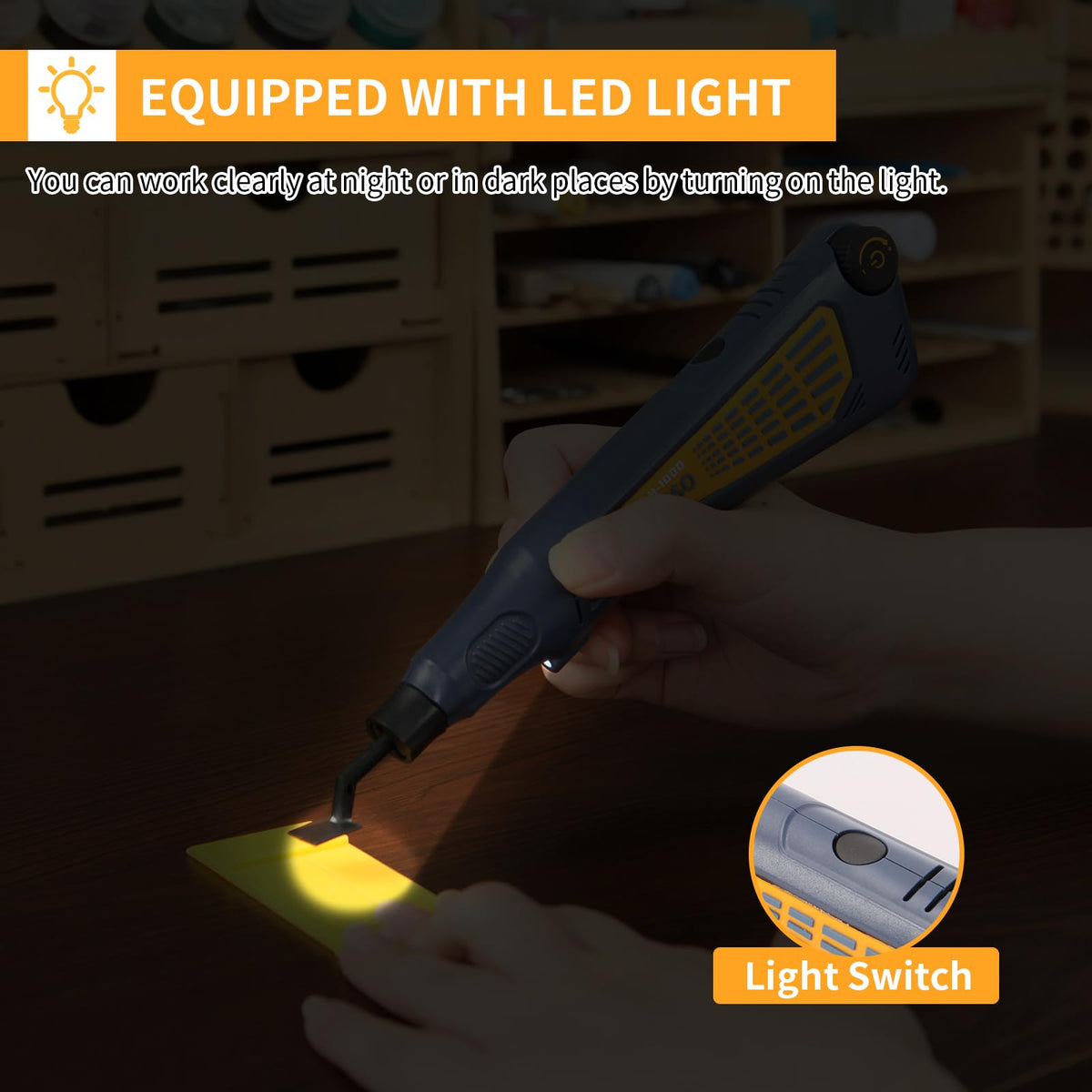 Bucasso cordless pen sander with LED light illuminating the work surface