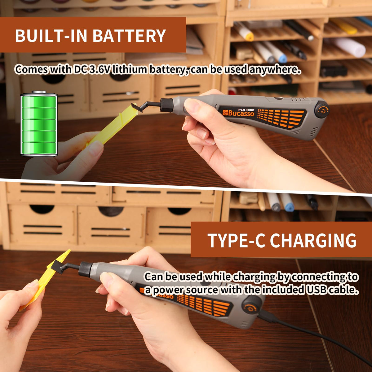 Bucasso sander shown charging via USB for portable convenience