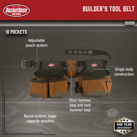 Bucket Boss 50200 reinforced pouch bottoms for lasting durability on-site.