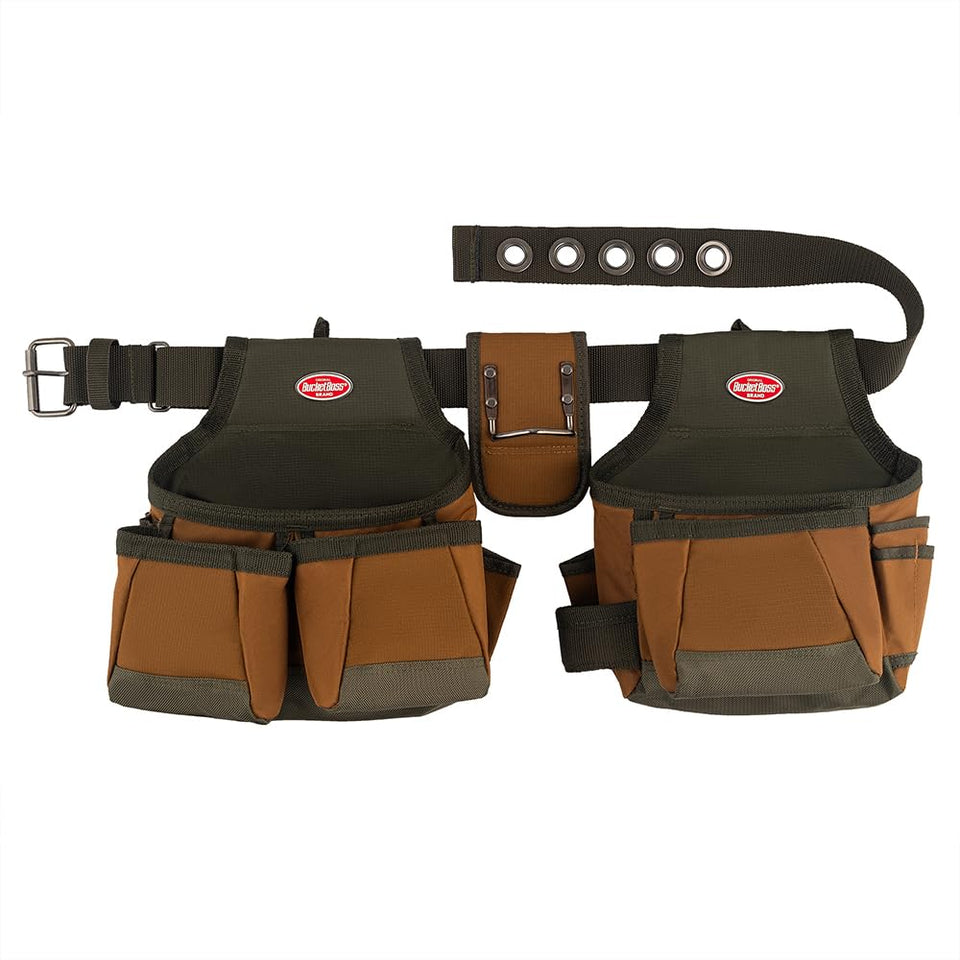 Bucket Boss 50200 two-bag tool belt in brown, sturdy canvas for daily use.