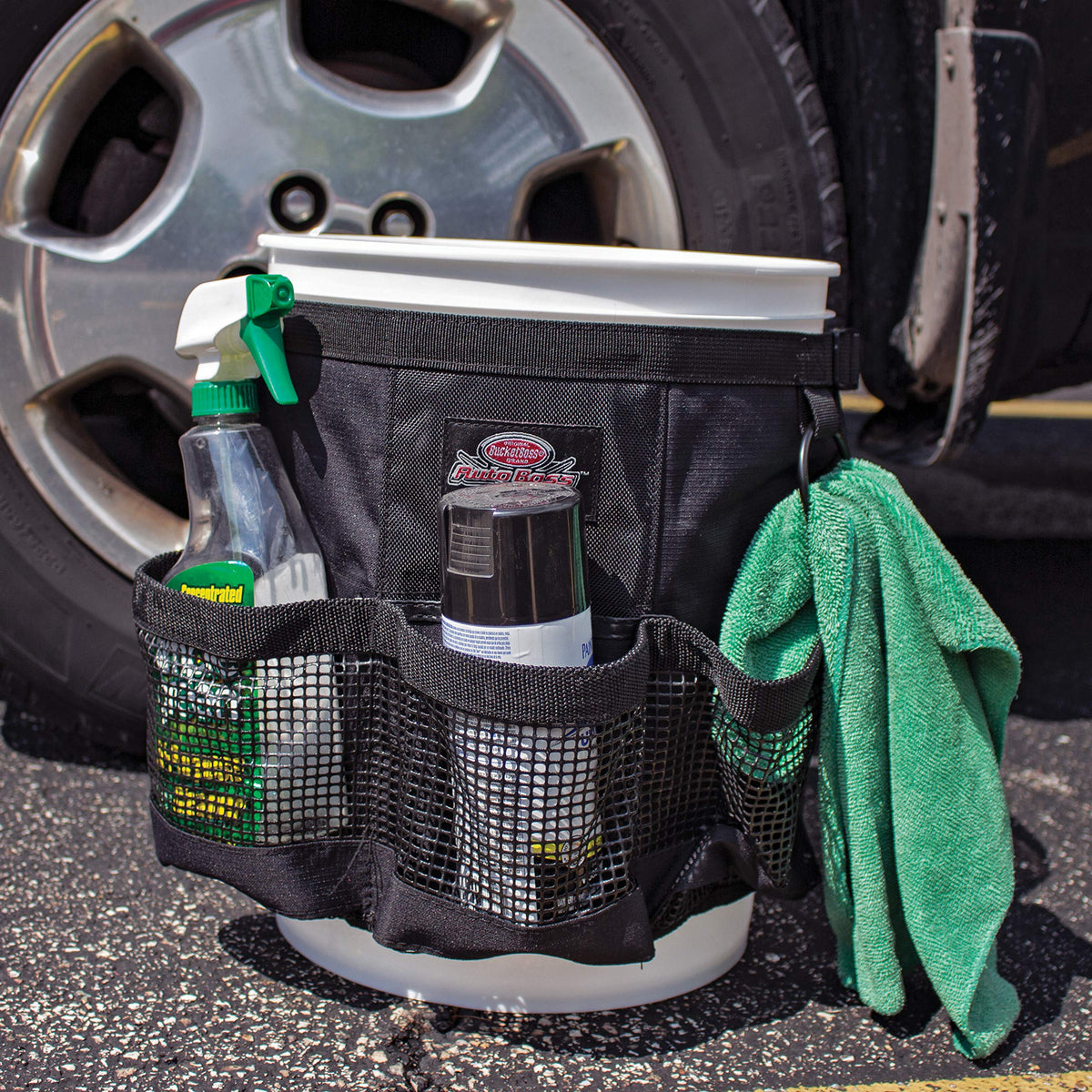 Soap and water-ready bucket with Bucket Boss organizer shown on the side