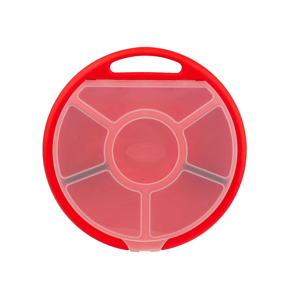 Bucket Boss bucket-seat organizer on a red bucket with six compartments
