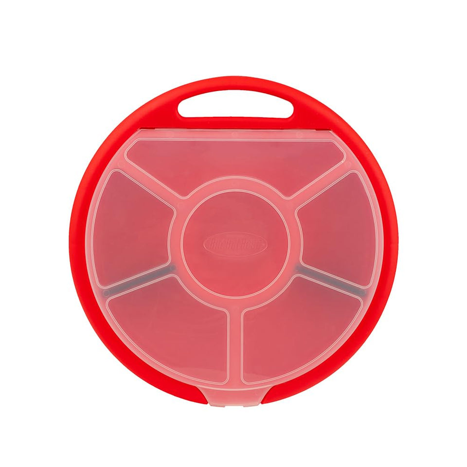 Bucket Boss bucket-seat organizer on a red bucket with six compartments