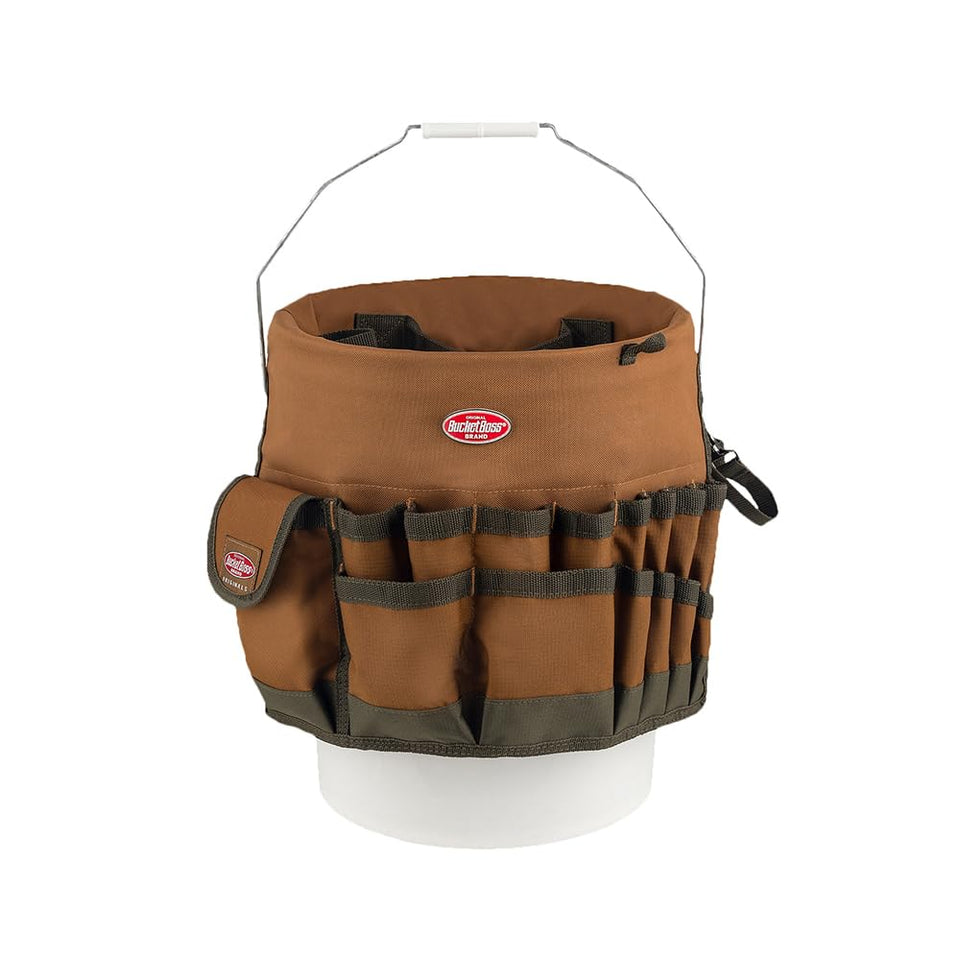 Bucket Boss Bucketeer brown front view for quick access to hand tools.