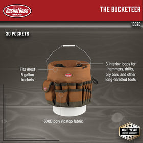 Bucketeer interior layout highlights 30 pockets for secure tool storage.
