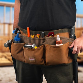 Bucket Boss apron shows two web hammer loops for quick tool access.