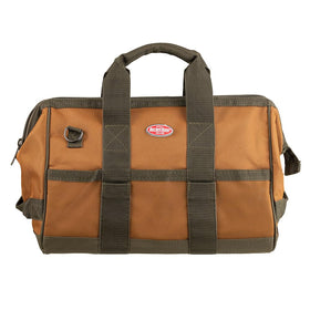 Bucket Boss Gatemouth 16 Tool Bag open for quick tool access on site.