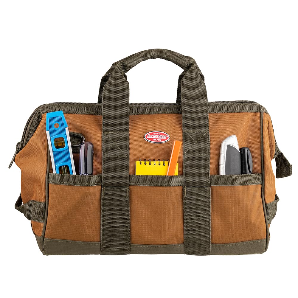 Bucket Boss Gatemouth 16 Tool Bag pocket layout organizes gear for easy reach.