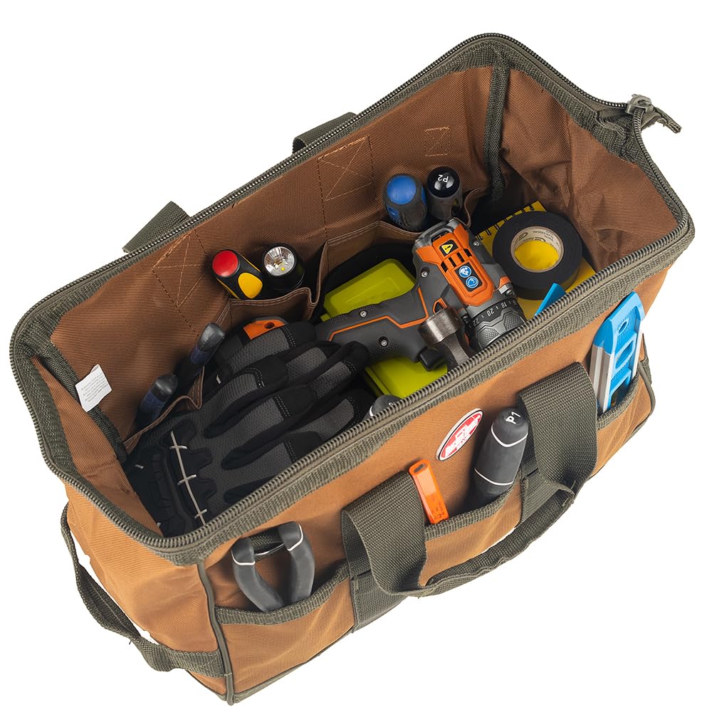 Bucket Boss Gatemouth 16 Tool Bag oversized zippers support durable, smooth opening.