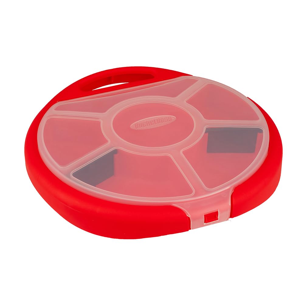 Bucket Boss lid doubles as a seat on a red bucket