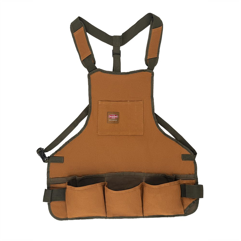 Bucket Boss mens tool bag with adjustable brown design and 16 pockets to organize tools