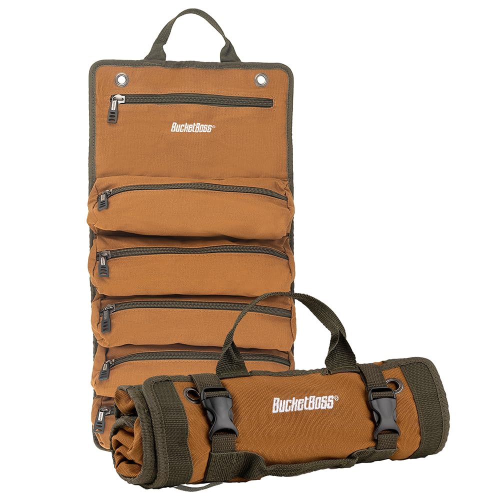 Bucket Boss Super Roll 74004 opened to reveal six-pocket layout for fasteners.