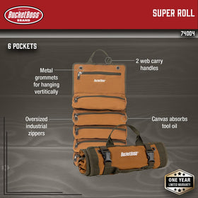 Bucket Boss Super Roll 74004 six pockets keep screws and bolts organized.