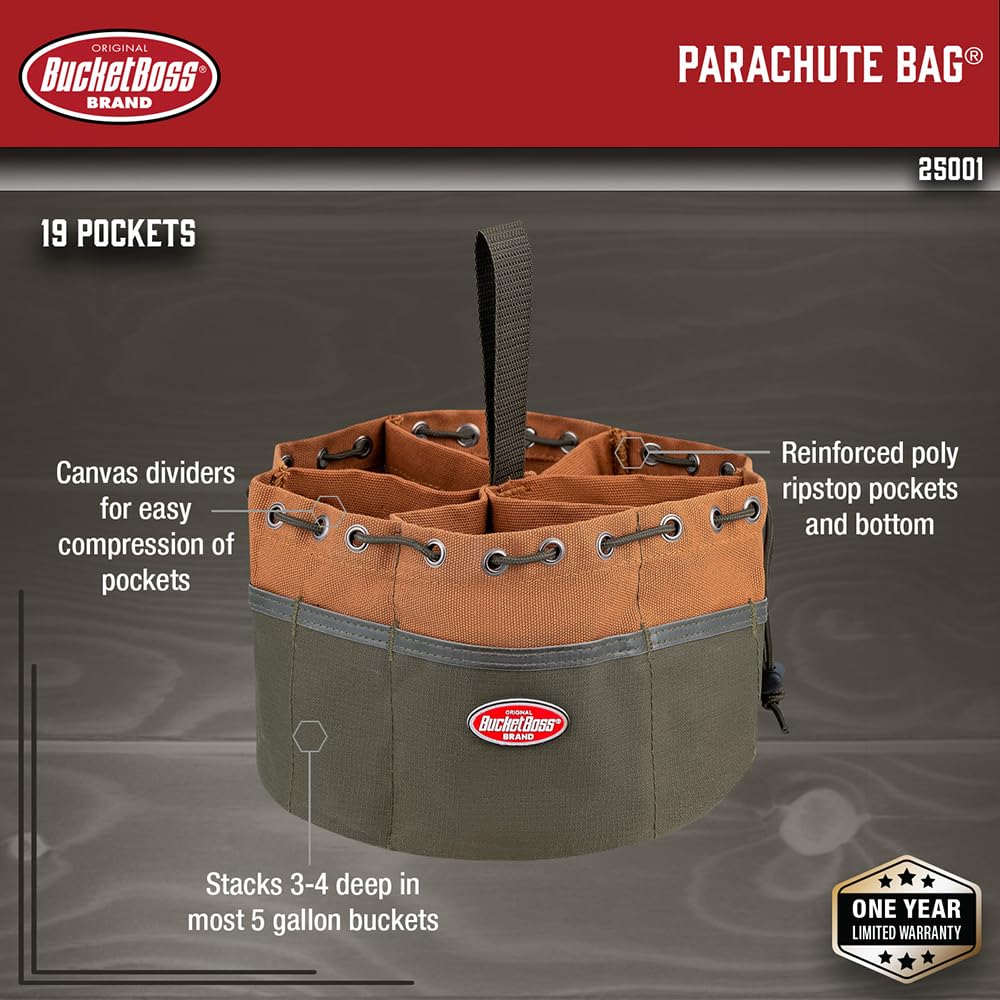 Bucket Boss 25001 canvas organizer interior compartments for organized small parts.
