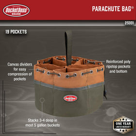 Bucket Boss 25001 canvas organizer interior compartments for organized small parts.