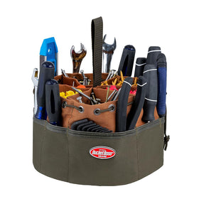 Bucket Boss 25001 canvas organizer pocket detail highlighting 19-pocket design.