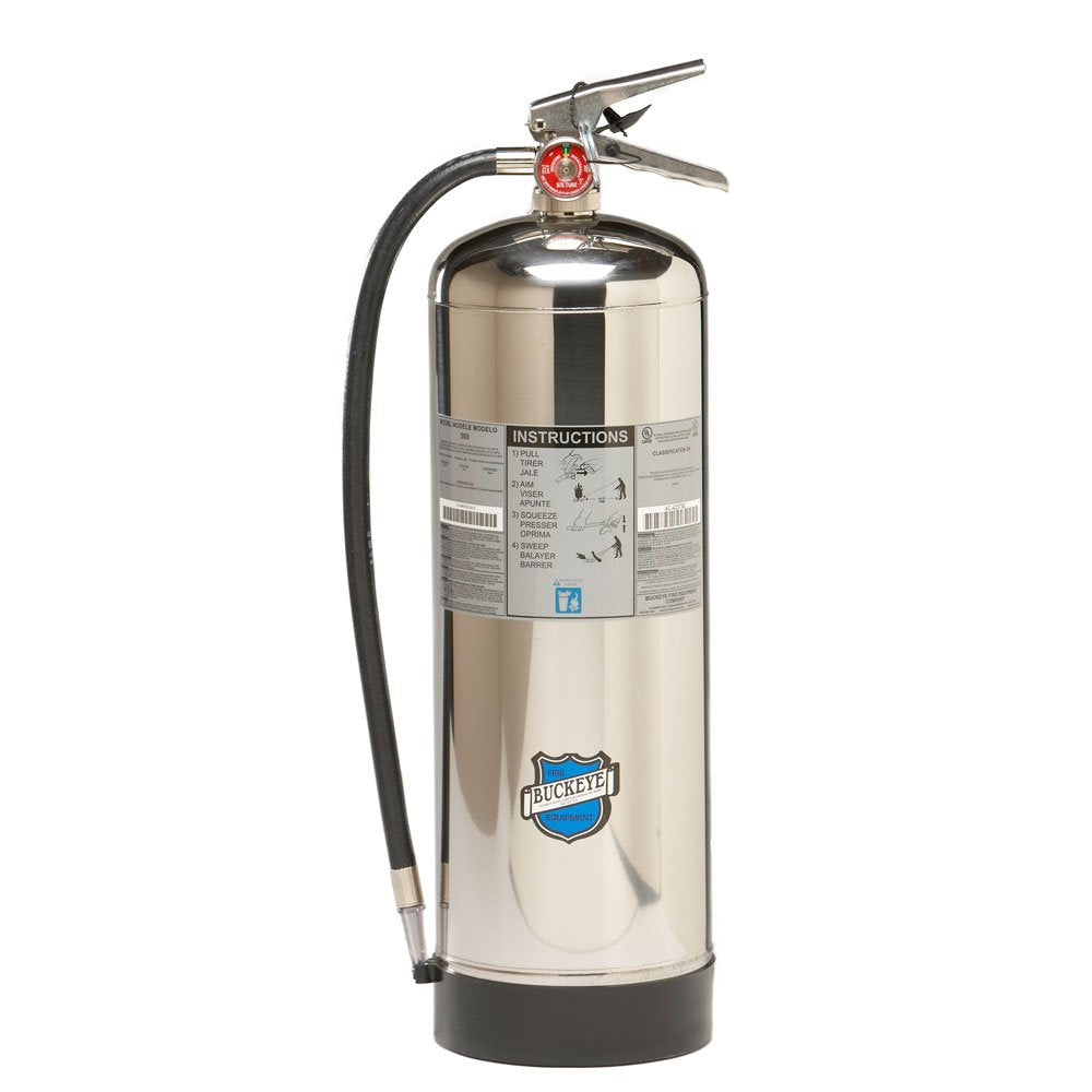 Buckeye 50000 stainless steel water extinguisher with wall hook, ready for Class A fires.