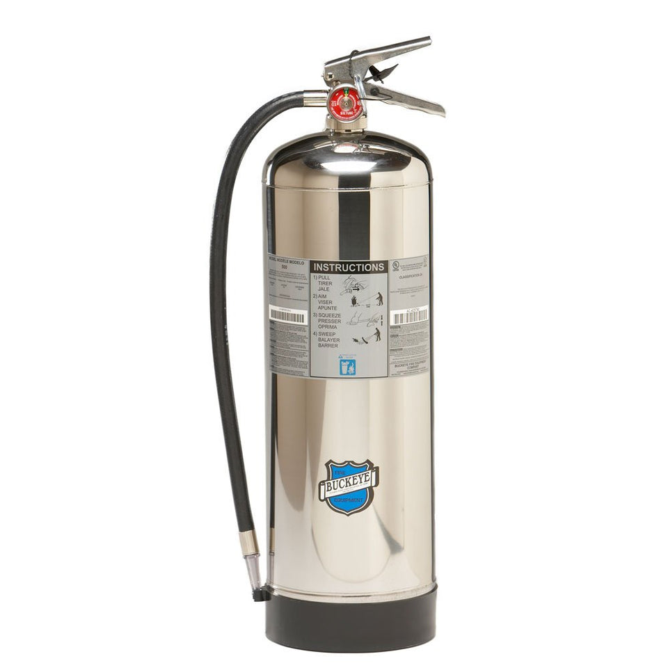 Buckeye 50000 stainless steel water extinguisher with wall hook, ready for Class A fires.