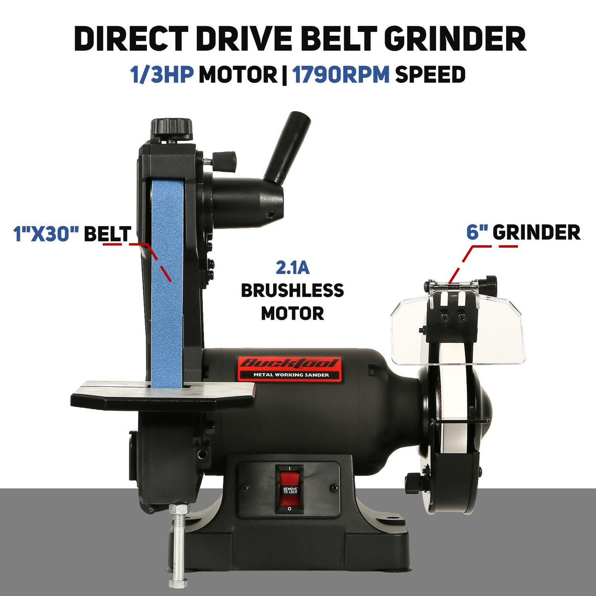 Bucktool 1790 RPM motor close-up highlighting controlled sanding