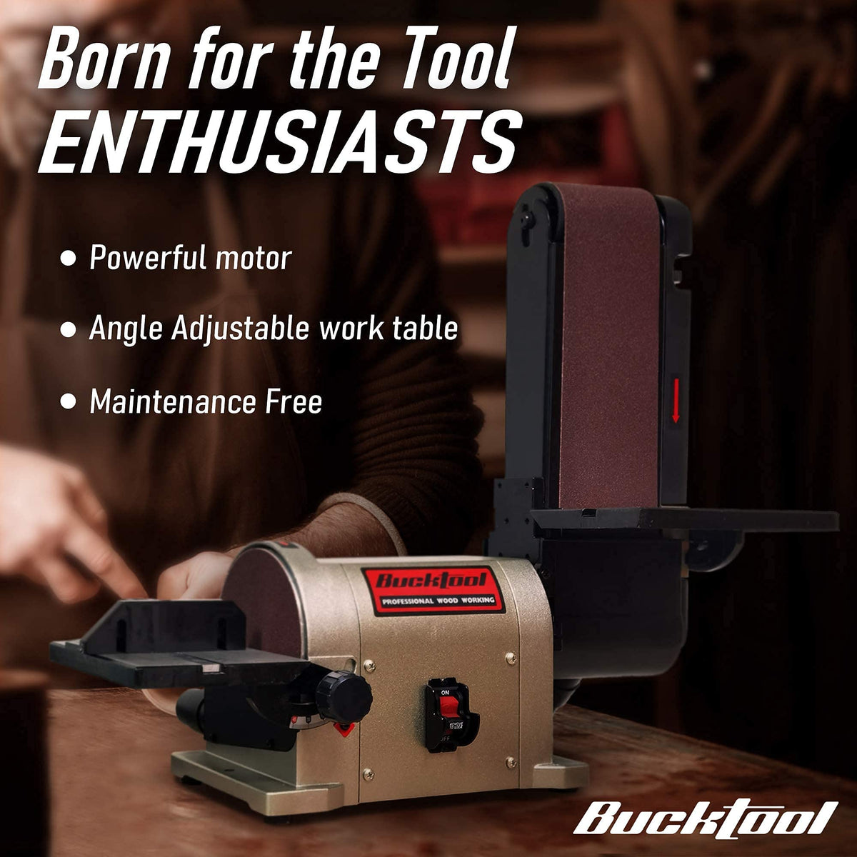 Bucktool adjustable miter gauge and table enable precise, repeatable sanding tasks.