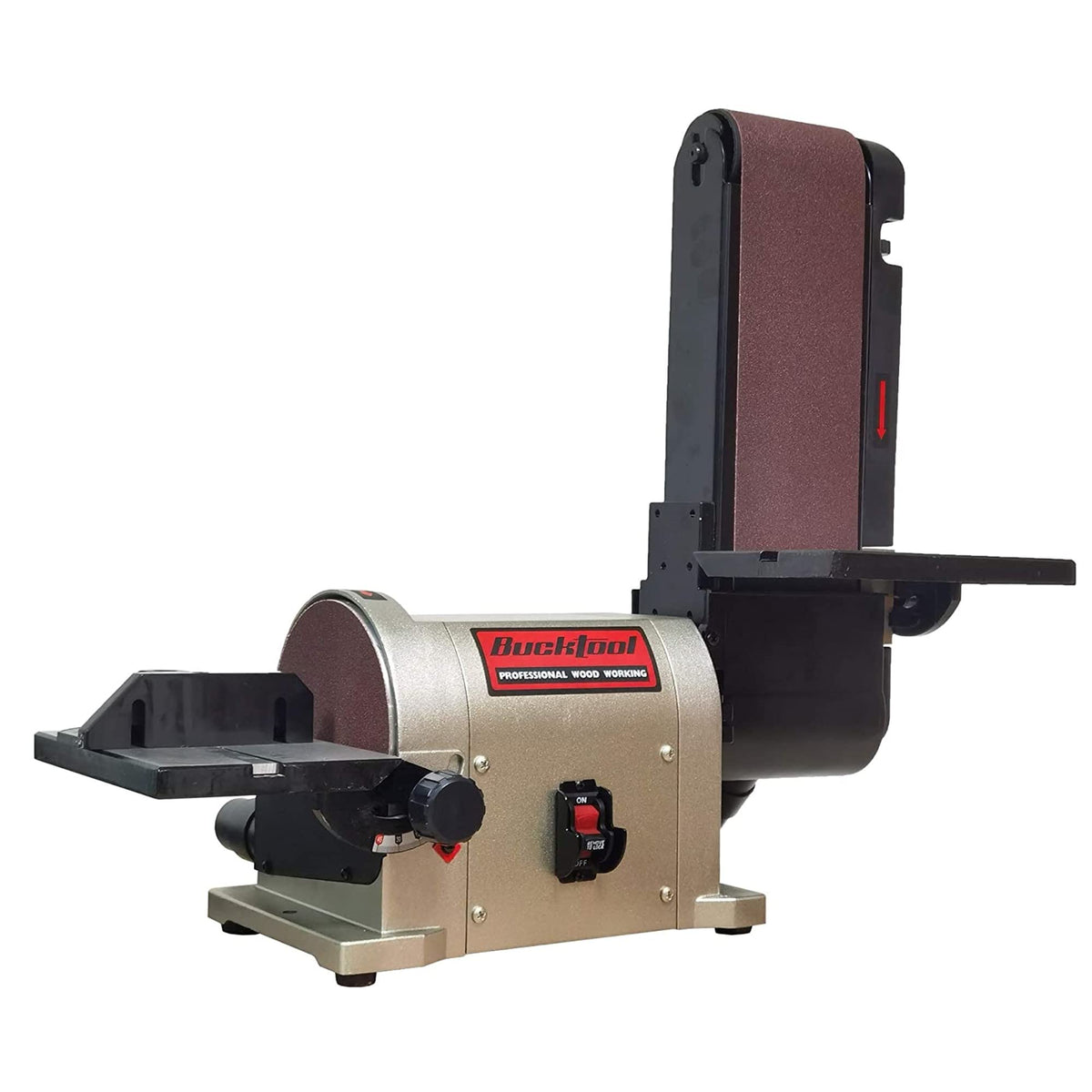 Bucktool BD4603 belt-disc sander setup shows combined sanding versatility.