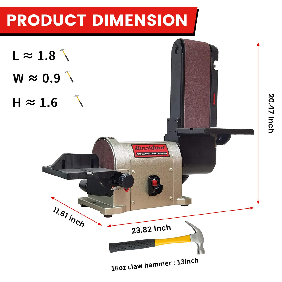 Bucktool BD4603 sander tilted 0-90 degrees for horizontal and vertical sanding.