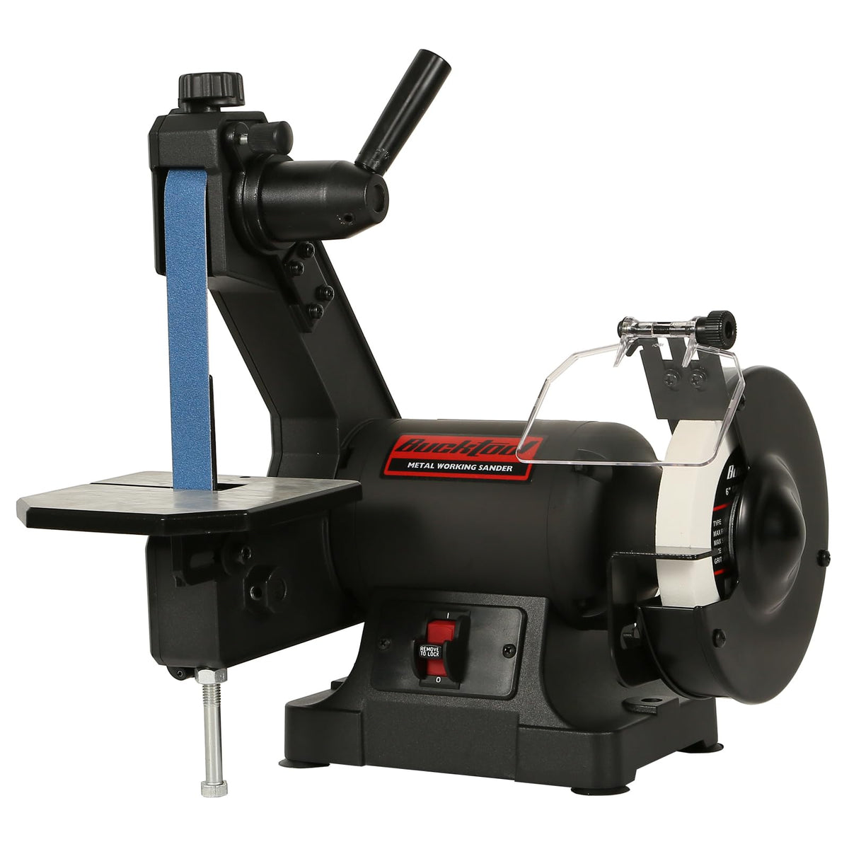 Bucktool bench belt grinder combo front view for precise sharpening and metalworking
