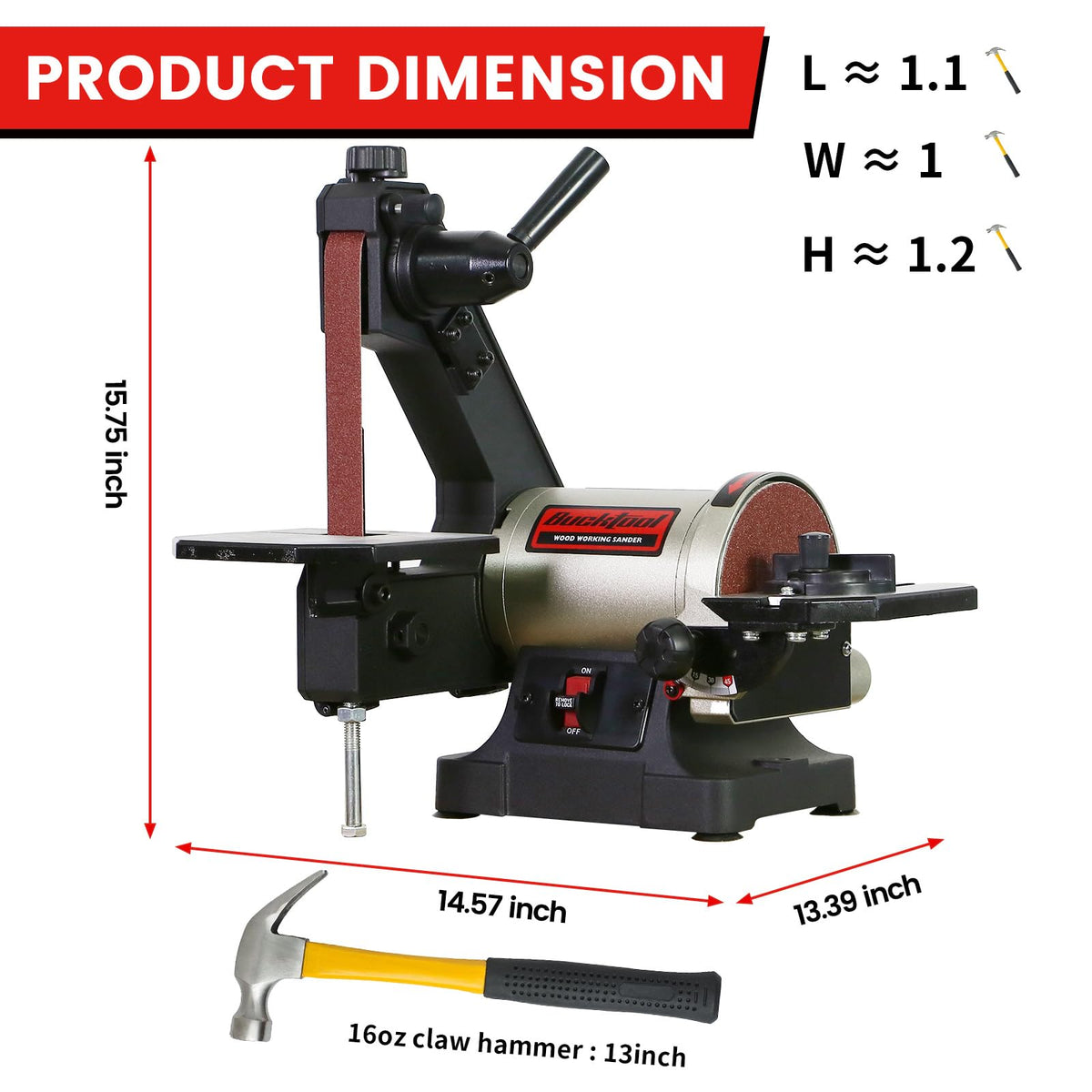 Bucktool bevel table at 0-45 degrees enables bevel sanding