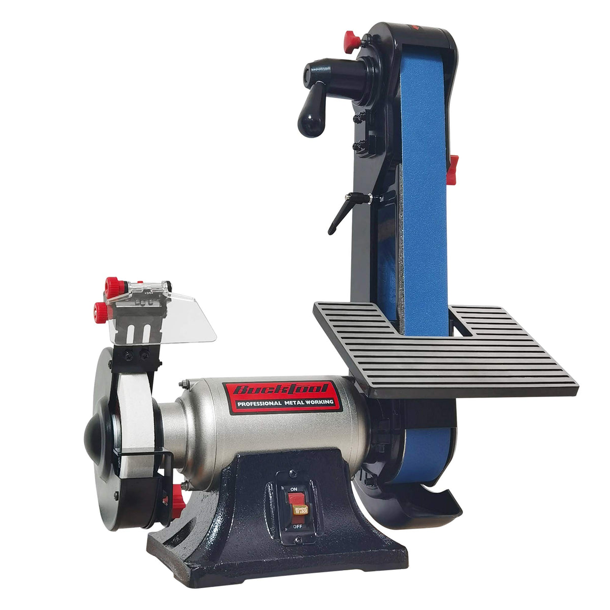Bucktool combo 2x42 belt sander visual for versatile metal and wood finishing.