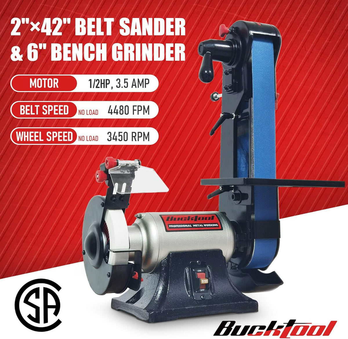 Bucktool combo 6in bench grinder ready for precise edge sharpening.
