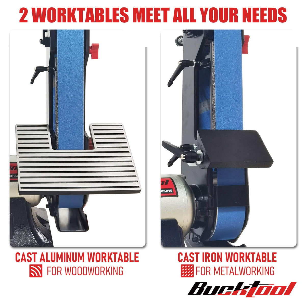 Bucktool large metal work table supports sturdy sharpening and grinding.