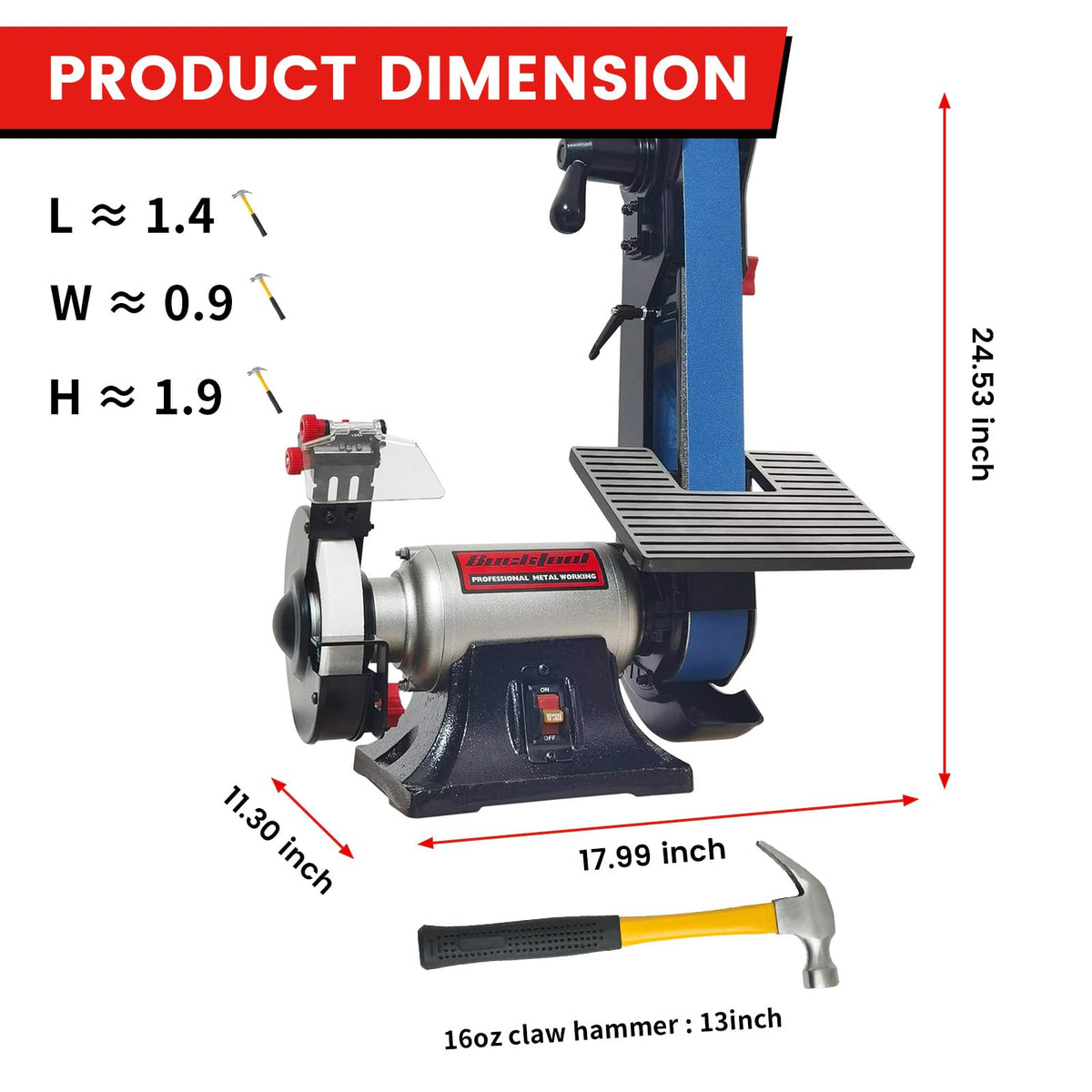 Bucktool LED light and eye shield improve visibility during grinding.