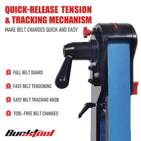 Bucktool wood work table provides a stable sanding surface for projects.