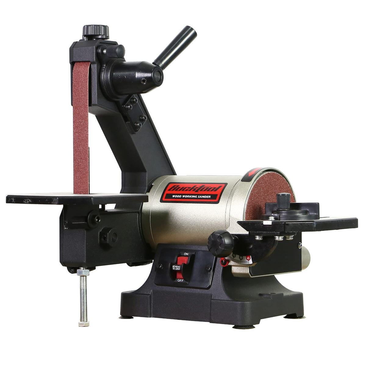 Bucktool bench sander front view for compact workshop use