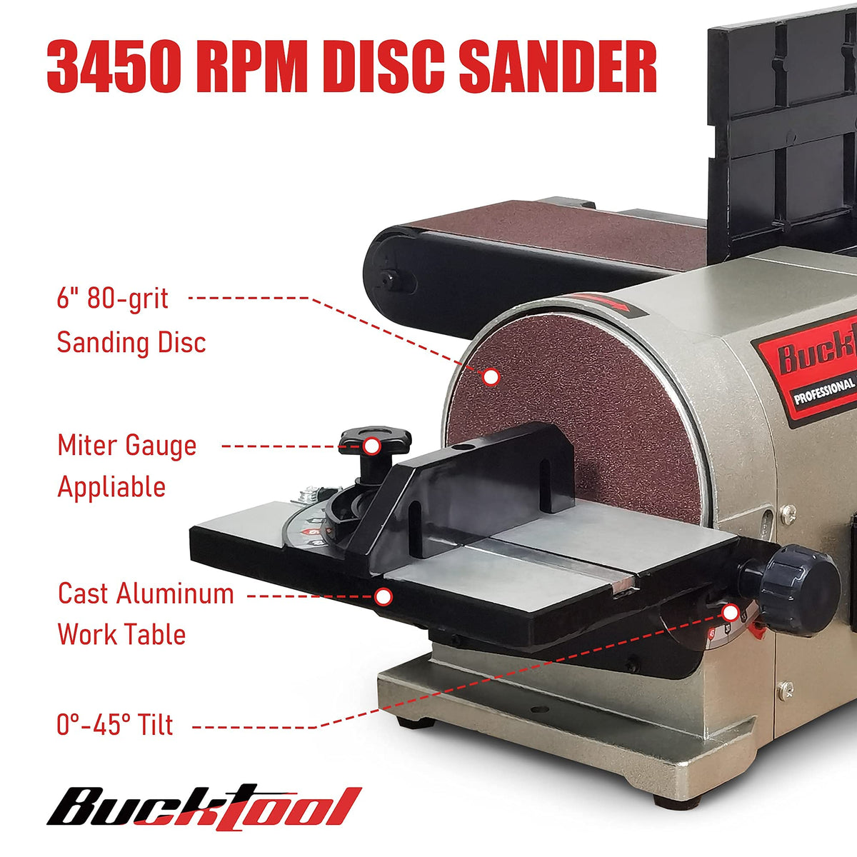Bucktool sturdy base with rubber feet minimizes vibrations for smoother operation.