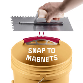Bucky Tools on bucket rim aids efficient scraping of adhesive back to bottom