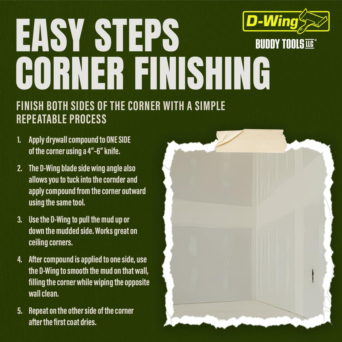 No rivets and easy cleaning on Buddy Tools D-Wing Corner Trowel