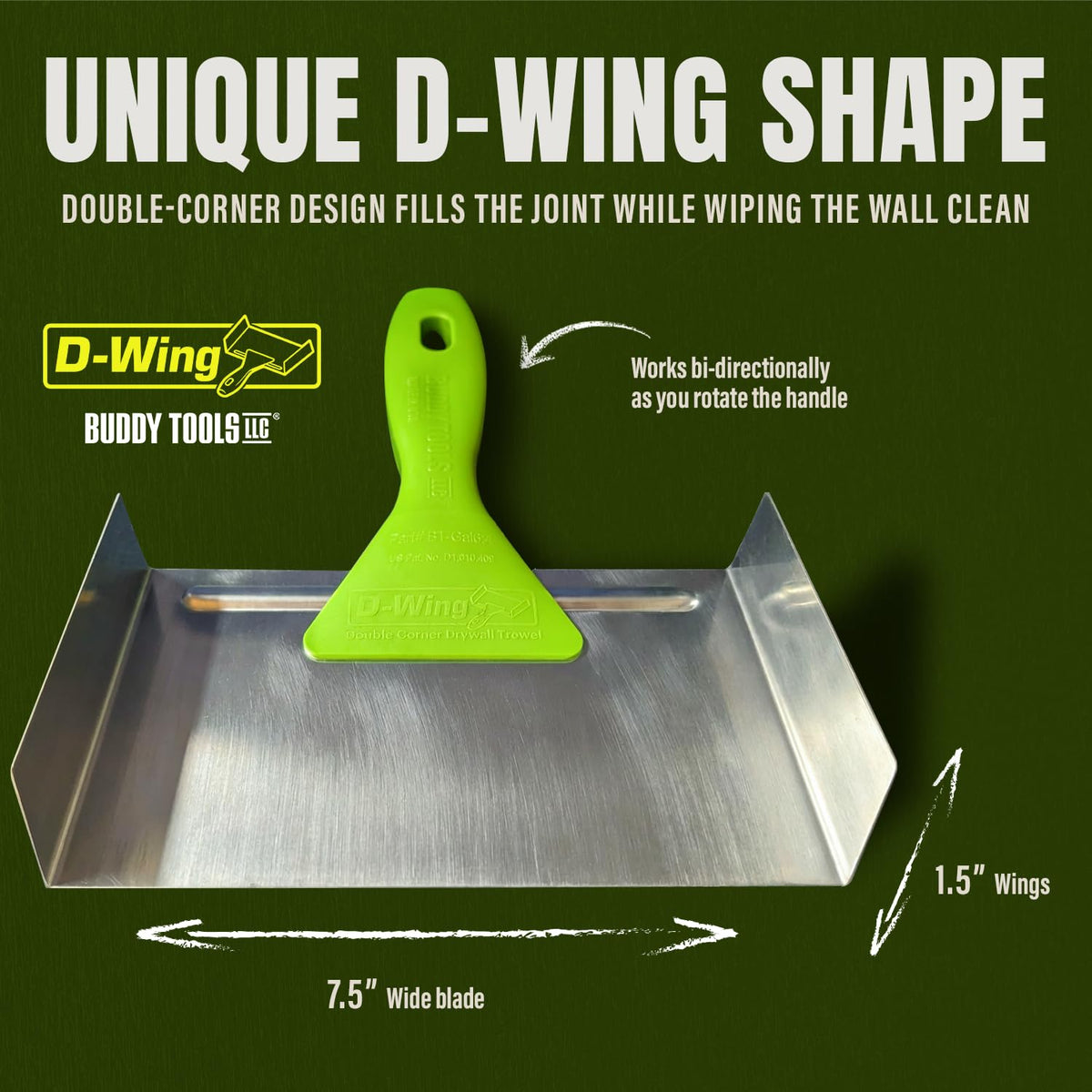 Rotating polymer handle on Buddy Tools D-Wing Corner Trowel for bidirectional control
