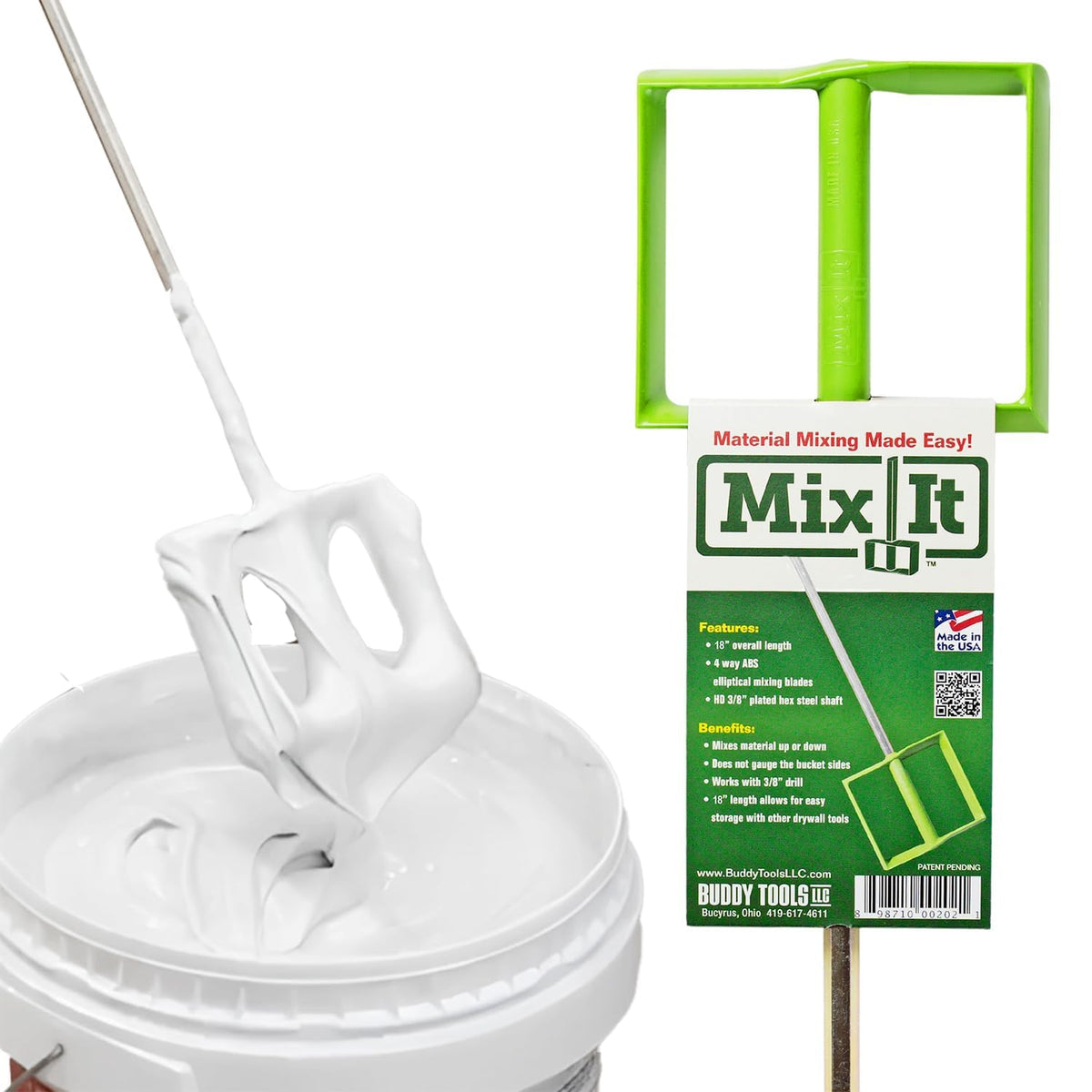 Buddy Tools Mix It 18-inch paddle in action for smooth mud mixing