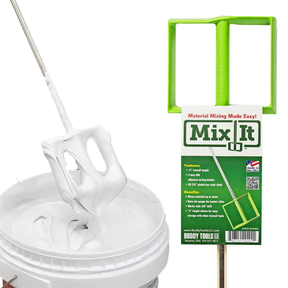 Buddy Tools Mix It 18-inch paddle in action for smooth mud mixing
