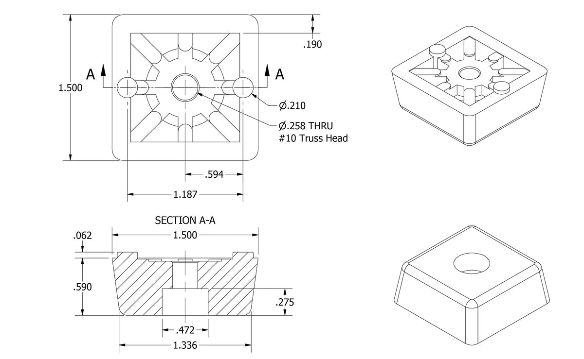 Budwig rubber feet underside with center recess alignment