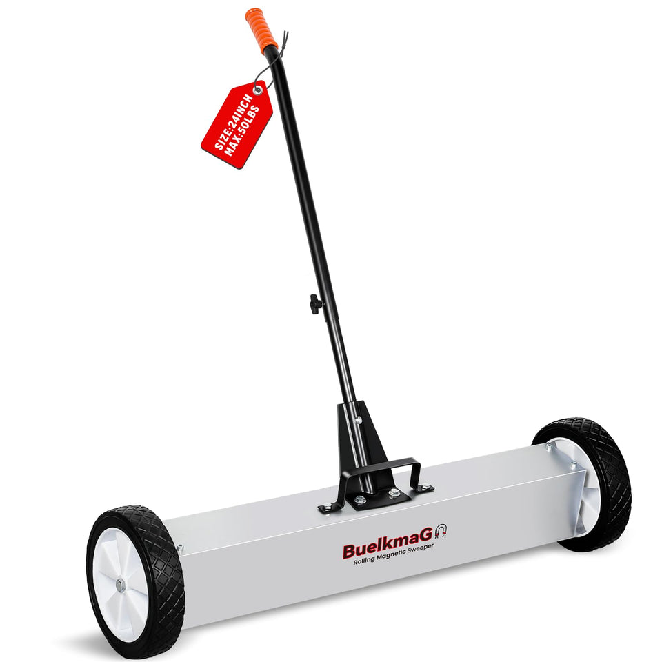Buelkmag 24in rolling magnetic sweeper top view for garage cleanup.