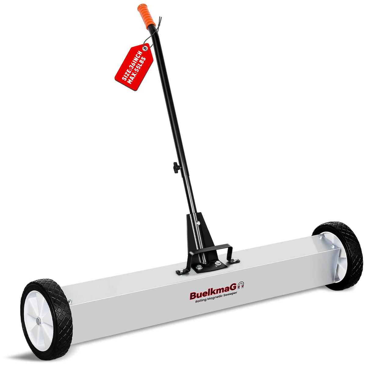 Buelkmag 36-inch rolling magnetic sweeper captures nails efficiently on garage floors.