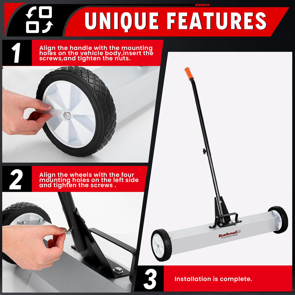 Buelkmag easy-release lever safely unloads metal debris.