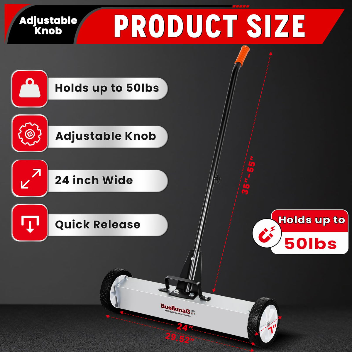 Buelkmag magnetic sweeper holds debris up to 50 lbs for nails and screws.