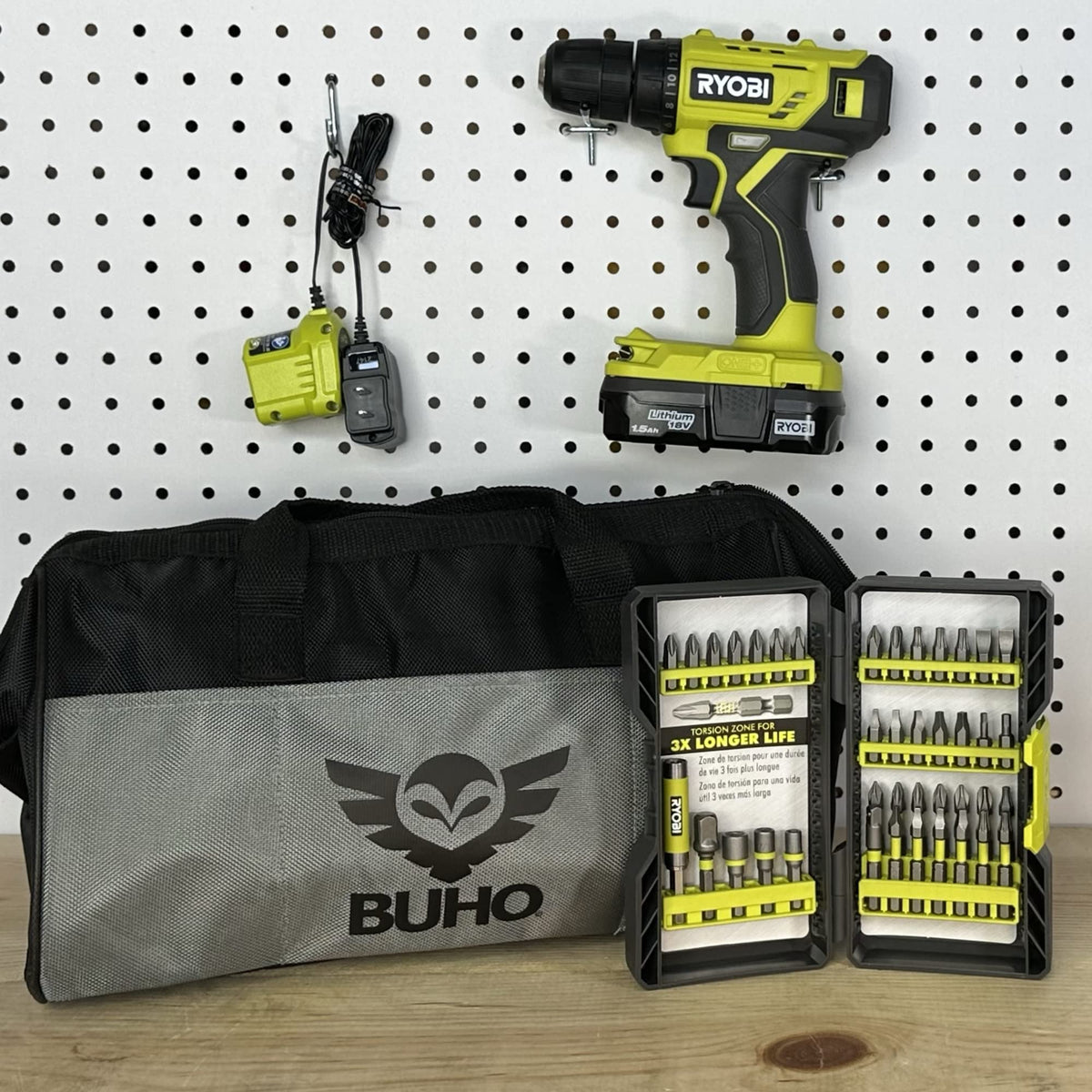 40-piece drill bit set laid out for wood, metal, and plastic.