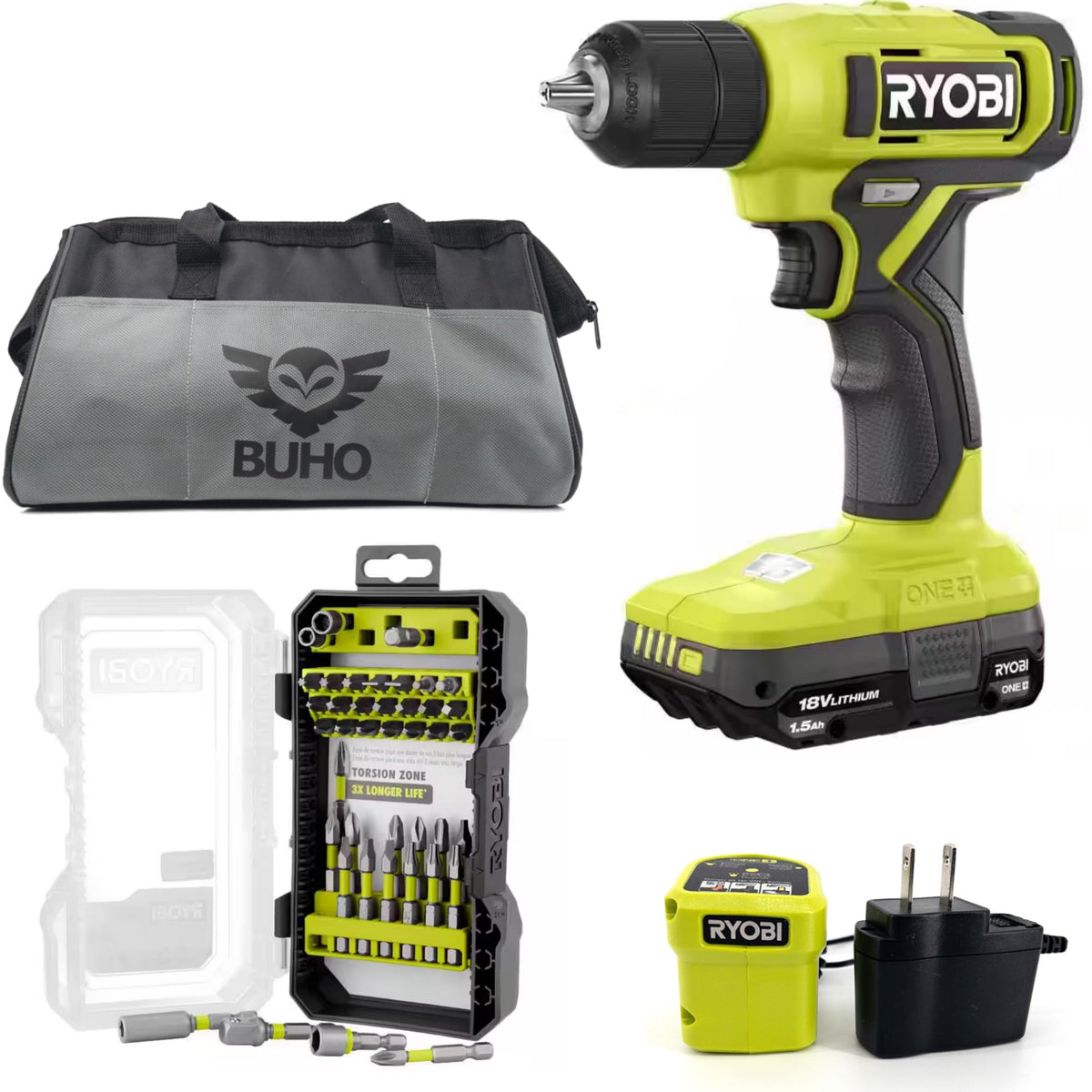 Buho Ryobi 18V ONE+ drill driver powering cordless projects.